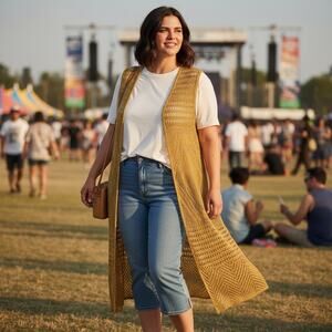 Boho Gold Moral Fiber Crochet Duster Kimono Prairie Festival Western Rodeo Sz 2X